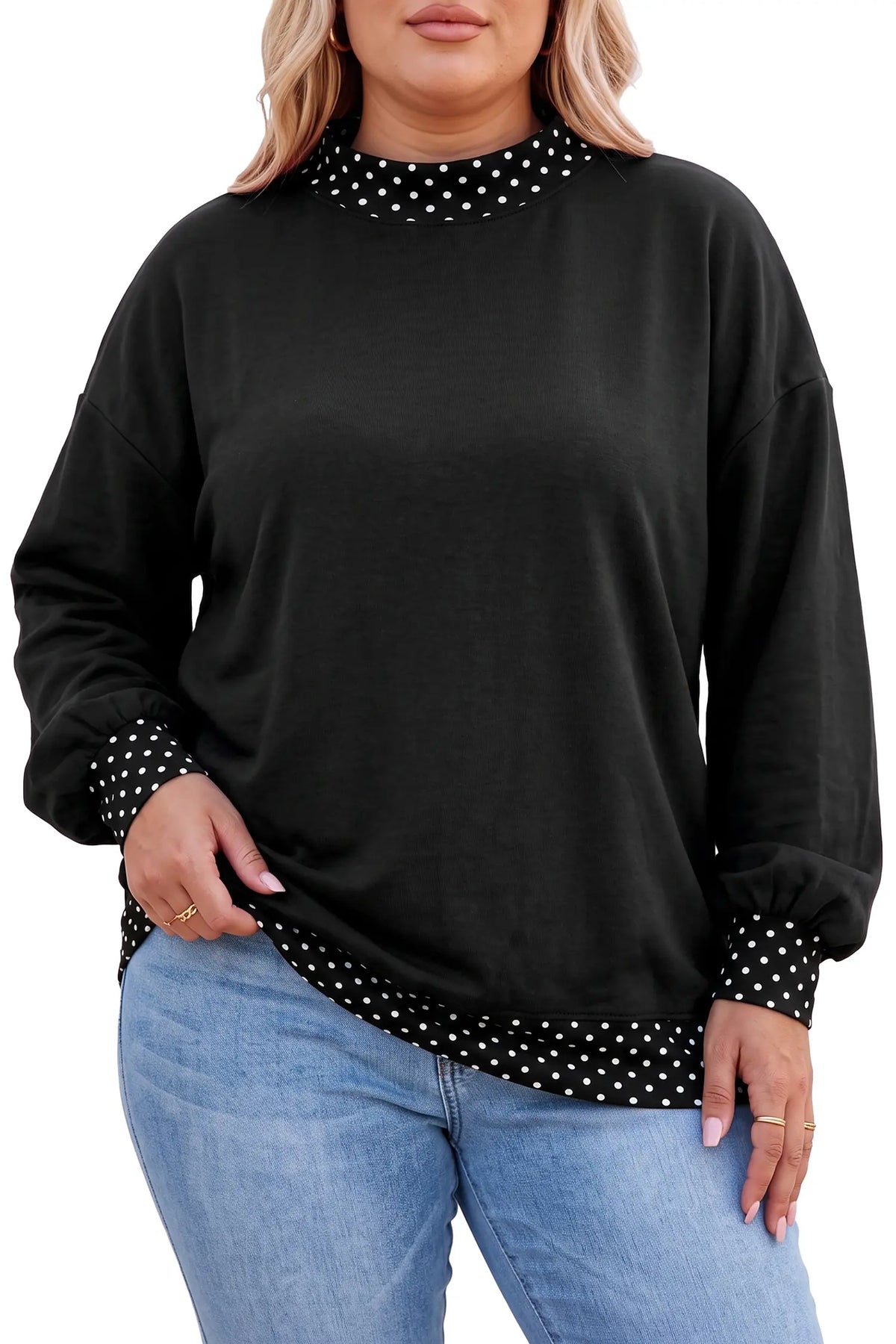 Plus Size Sweatshirt - Polka Dot Patchwork Round Neck