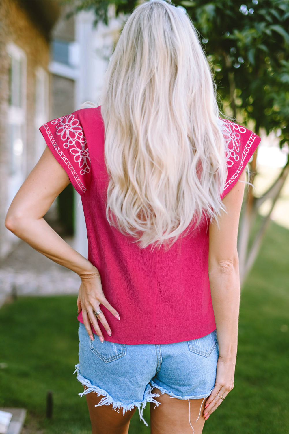 Sachet Pink Floral Embroidered Flutter Sleeve Pleated Neck Blouse eAura