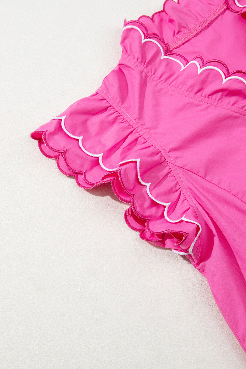 Bright Pink Scallop Trim Short Sleeve V Neck Top eAura