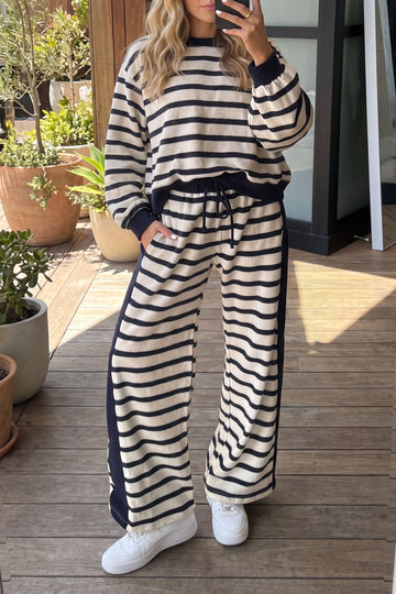 Relaxed Long Sleeve Top Color Block Detail Drawstring Pant Set – Beige Stripe