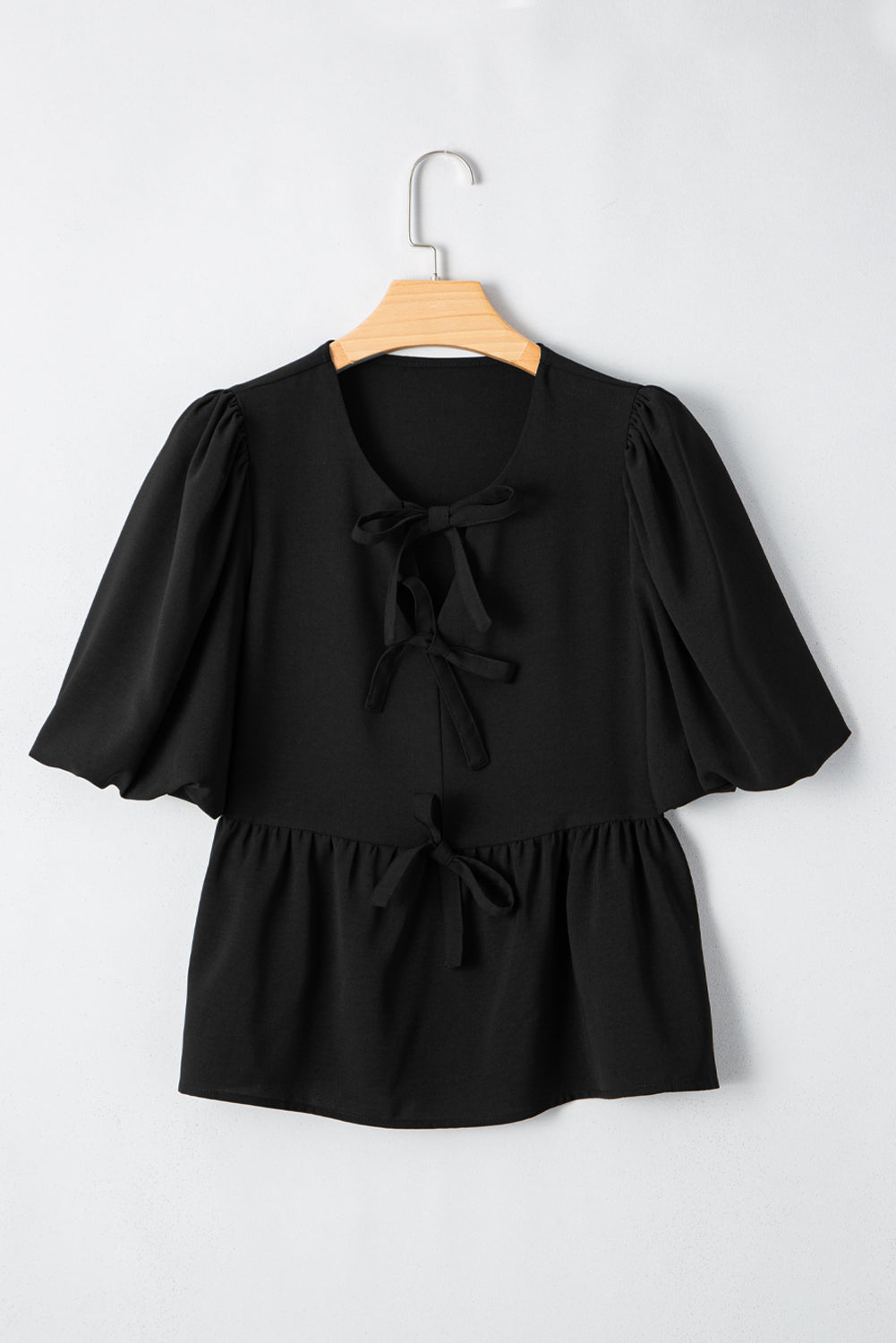 Black Puff Sleeve Bowknot Front Peplum Blouse eAura