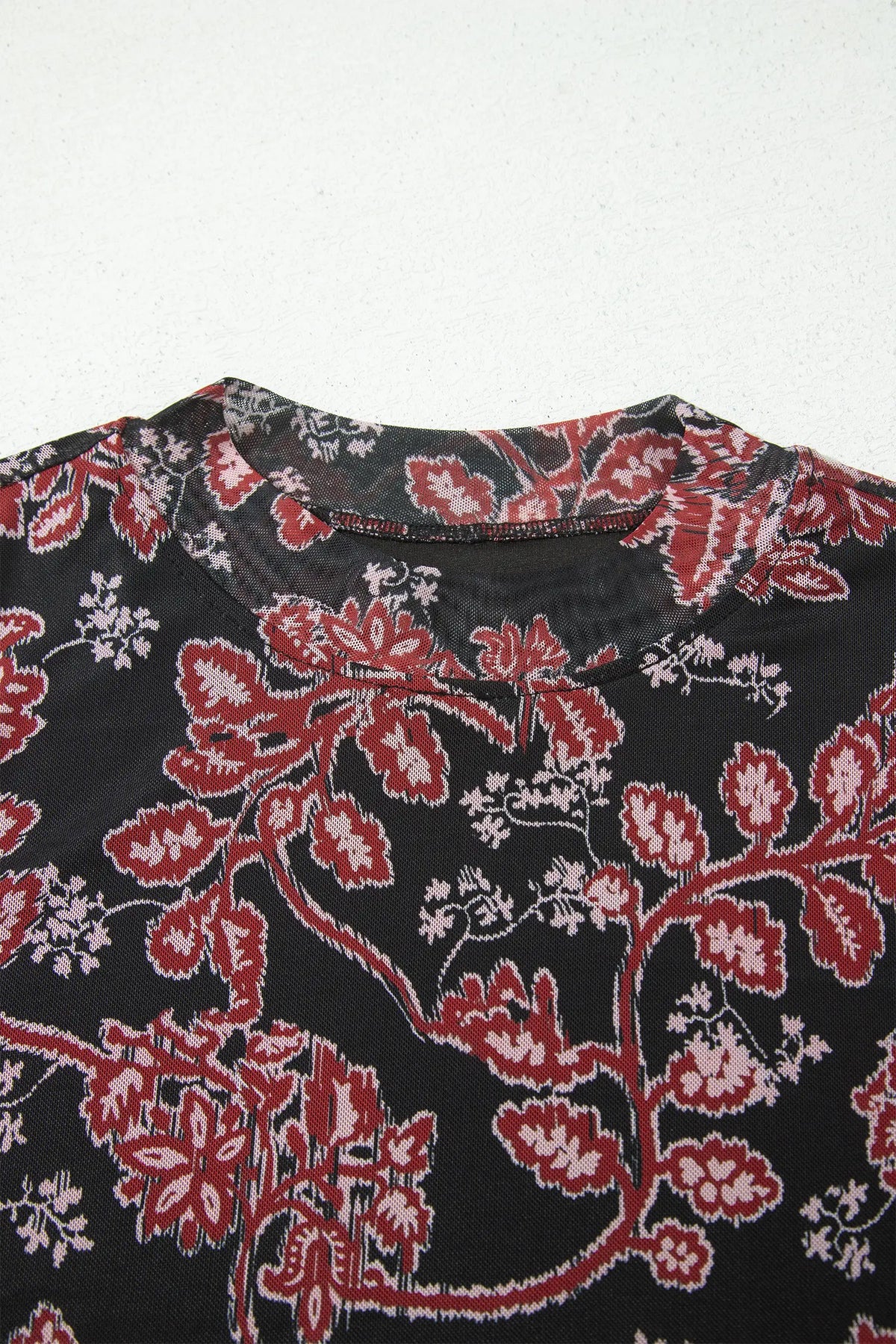 Retro Floral Print Long Sleeve Casual Mesh Dress – Black