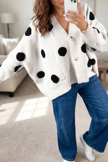Polka Dot Button Front Oversized V Neck Cardigan – Beige