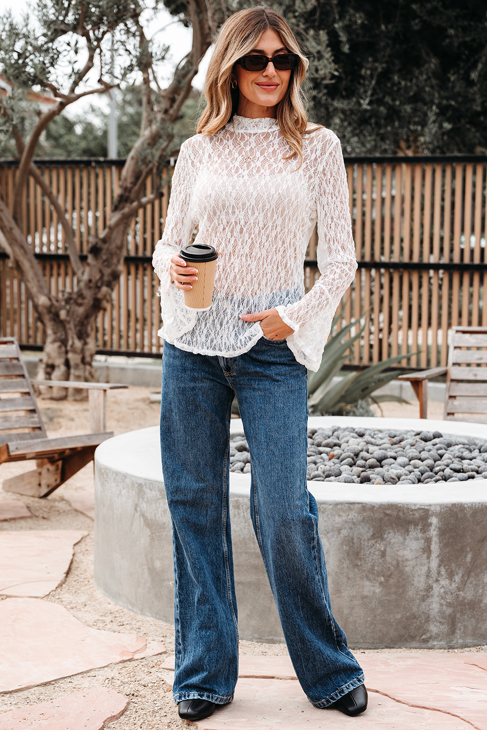 White Sheer Lace Bell Sleeve Mock Neck Blouse - eAura