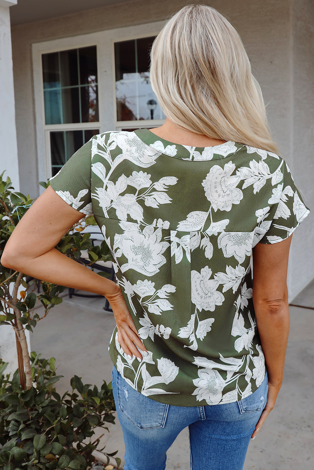 Green Floral Print Split Neck Short Sleeve Blouse eAura