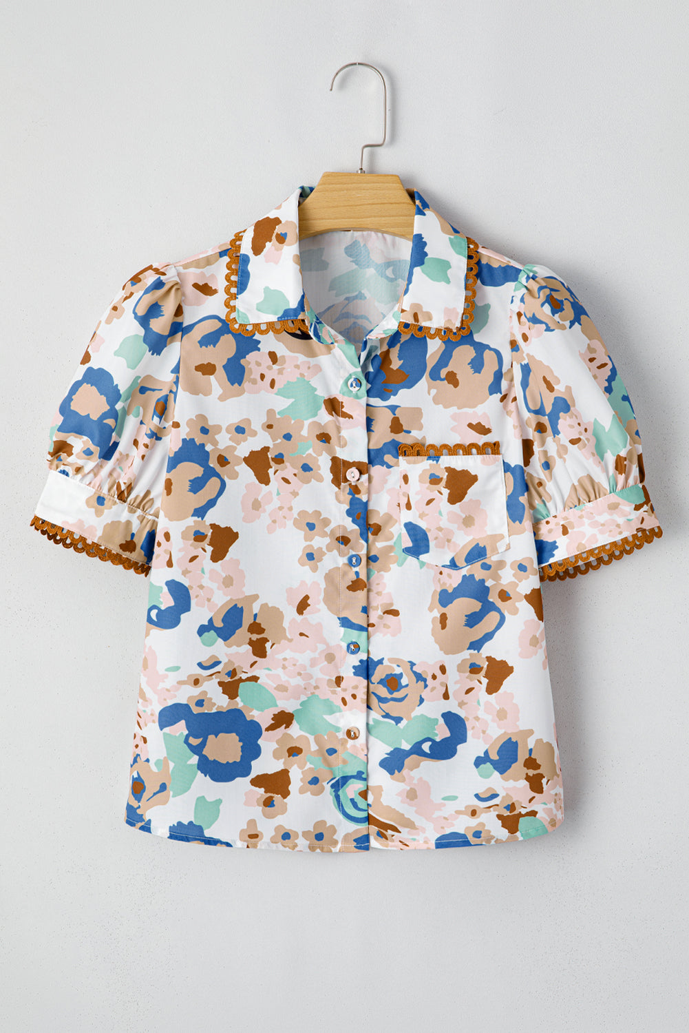 Multicolour Floral Print Ricrac Trim Collared Puff Short Sleeve Shirt eAura