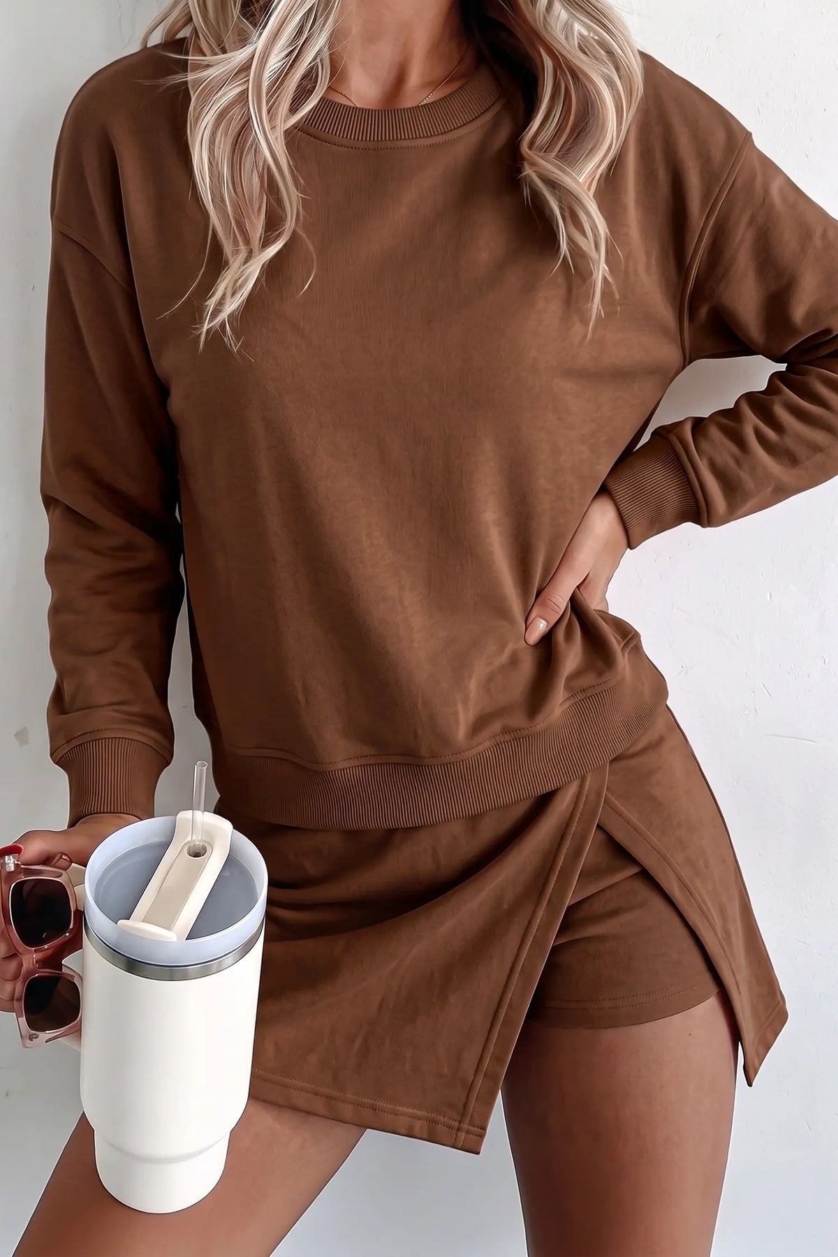 Solid Colour Long Sleeve Top Split Skort 2pcs Outfit – Dirty Blue