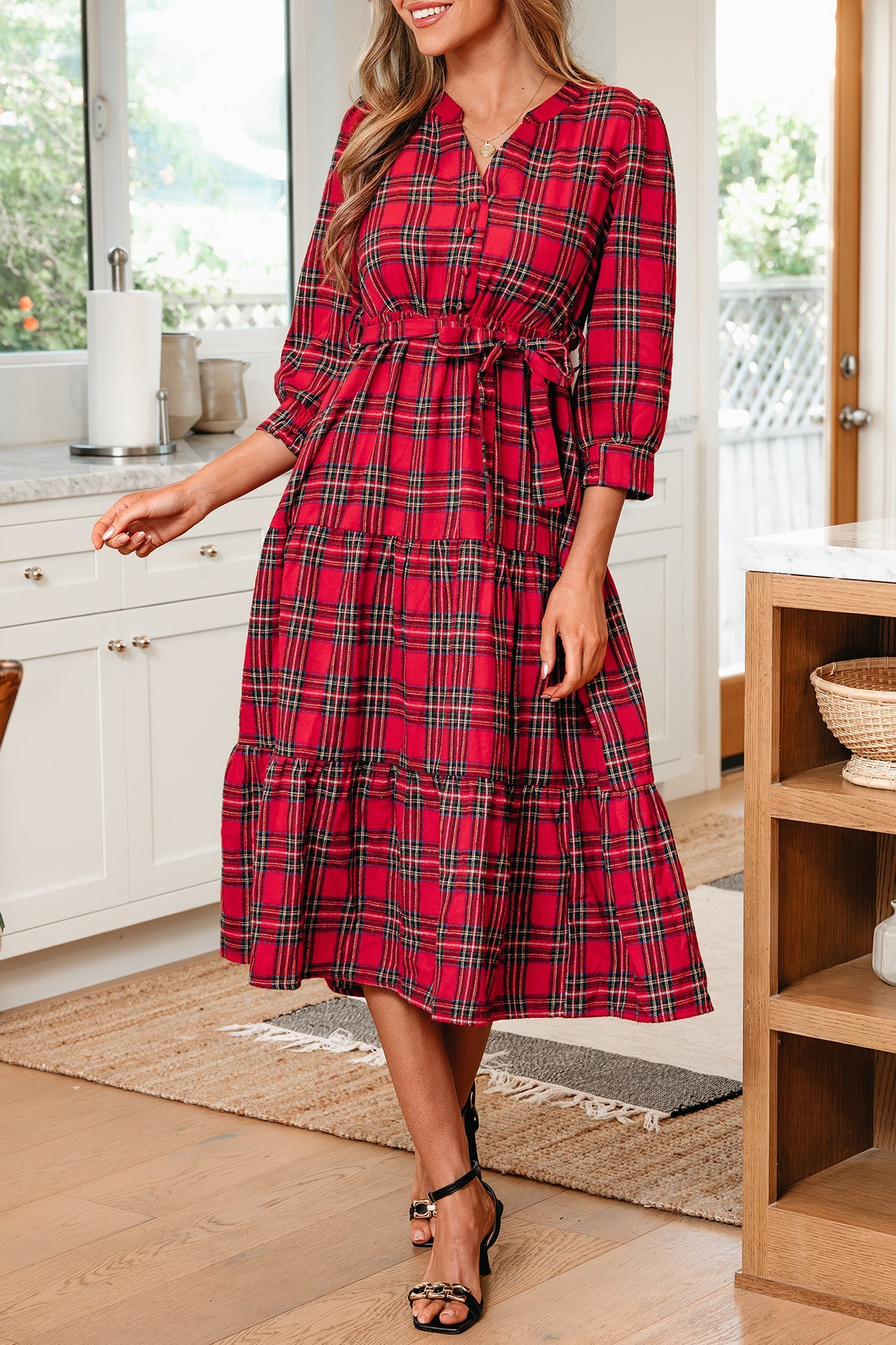 Christmas Plaid Print V-Neck 3/4 Sleeve Tie Waist Long Dress - Dresses/Maxi Dresses