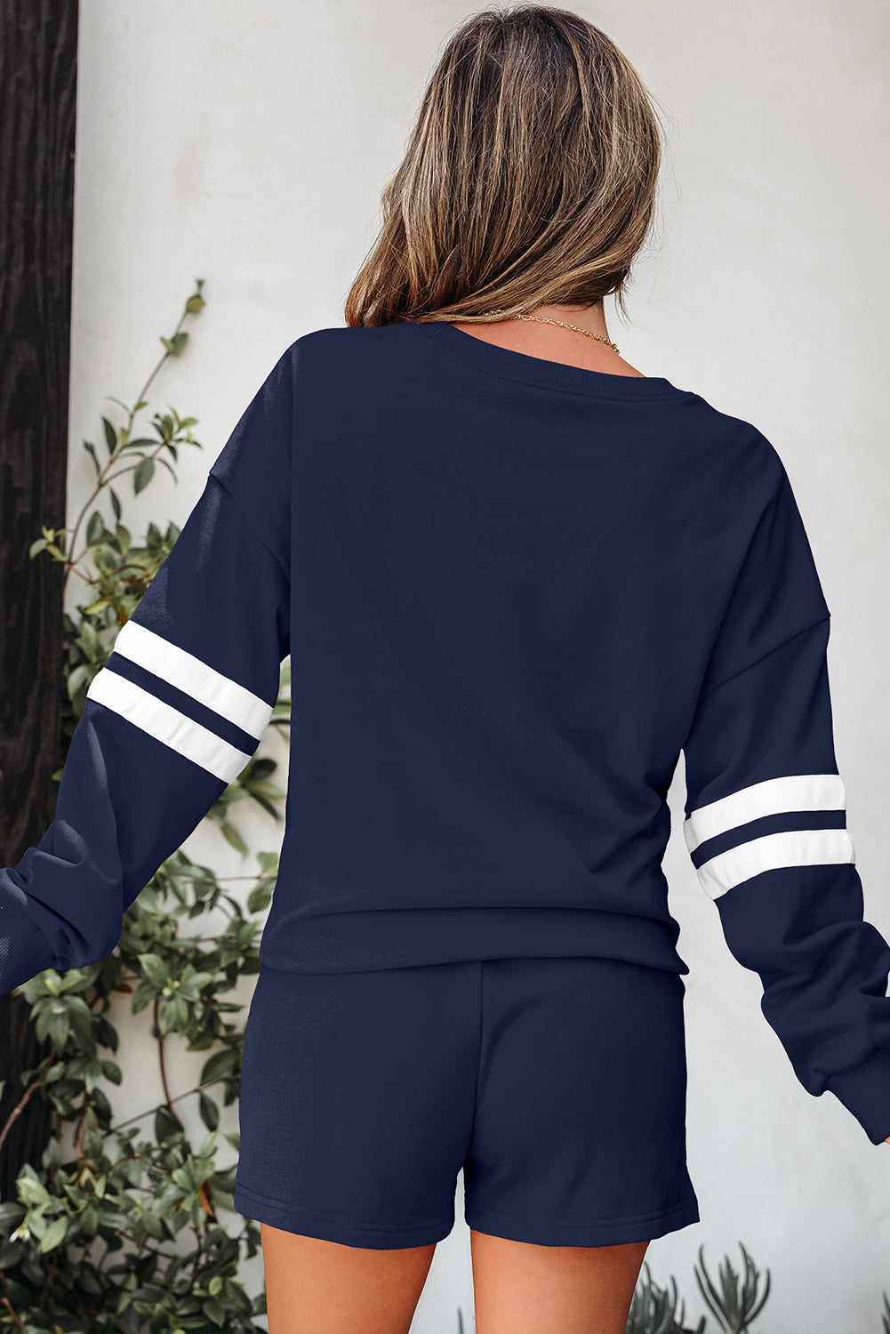 Varsity Striped Sleeve Drop Shoulder Sweatshirt and Shorts Co-ord Set eAura