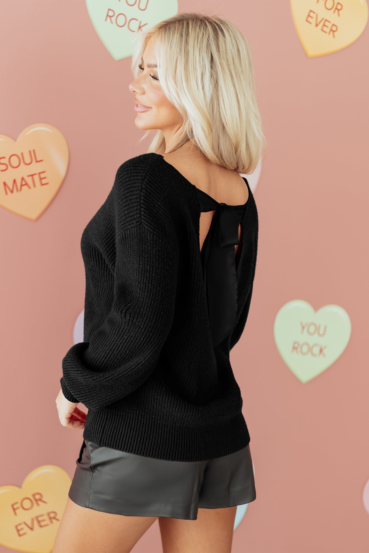Rib Knit Ribbon Knot Backless Drop Shoulder Sweater - eAura