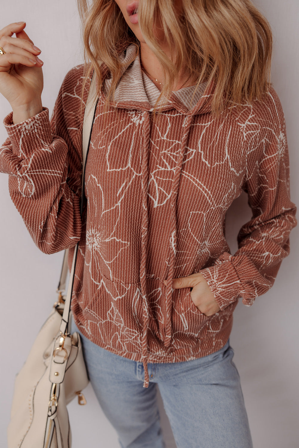 Brown Floral Rib Drawstring Kangaroo Pocket Hoodie - eAura
