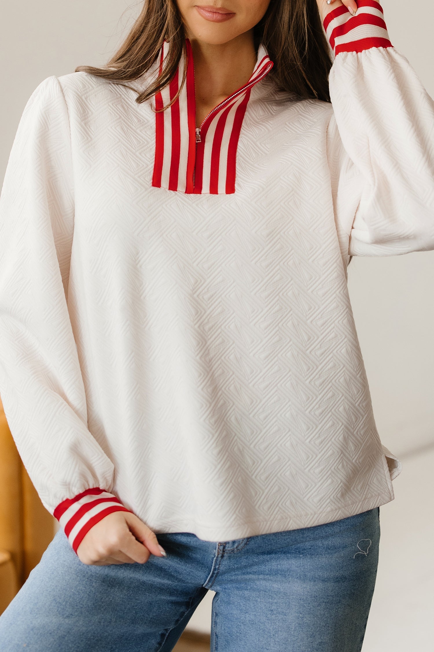 Textured Contrast Striped Accent Zip Collar Pullover Top - Tops/Long Sleeve Tops