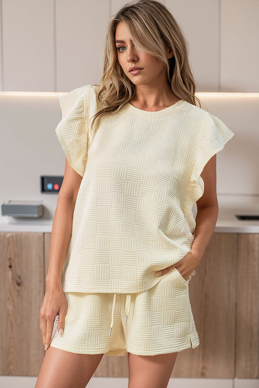 Apricot Textured Ruffled Sleeve Tee and Drawstring Shorts Set BB Fashion Outlet