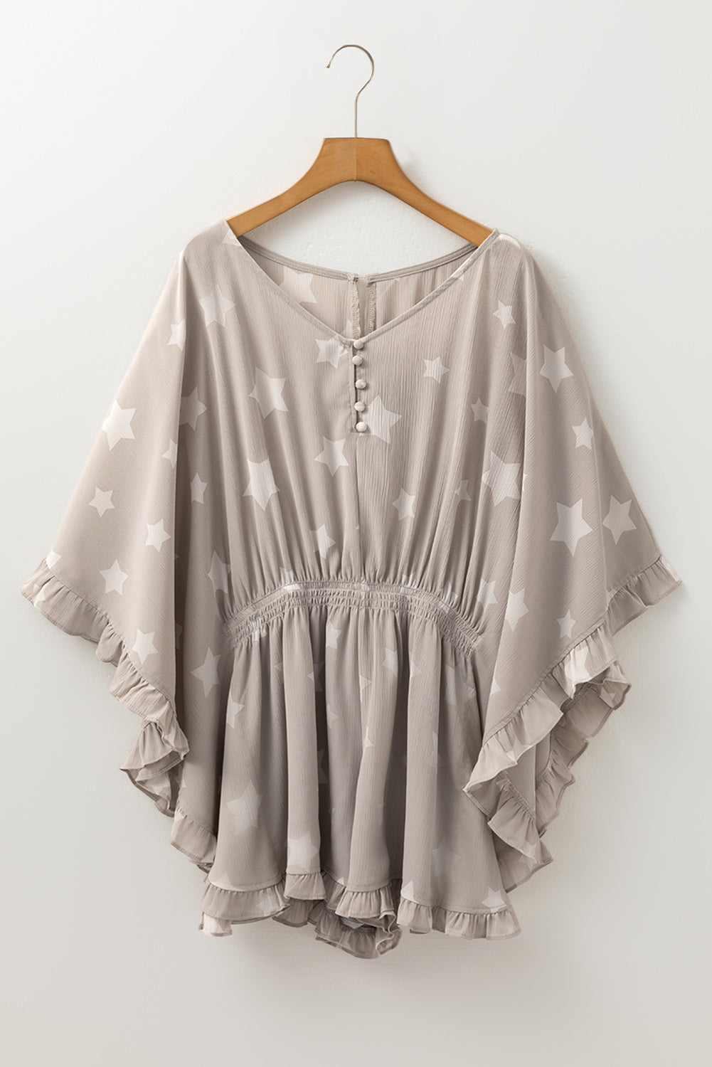 Grey Star Print Crinkle Textured Kimono Ruffle Sleeve Romper eAura