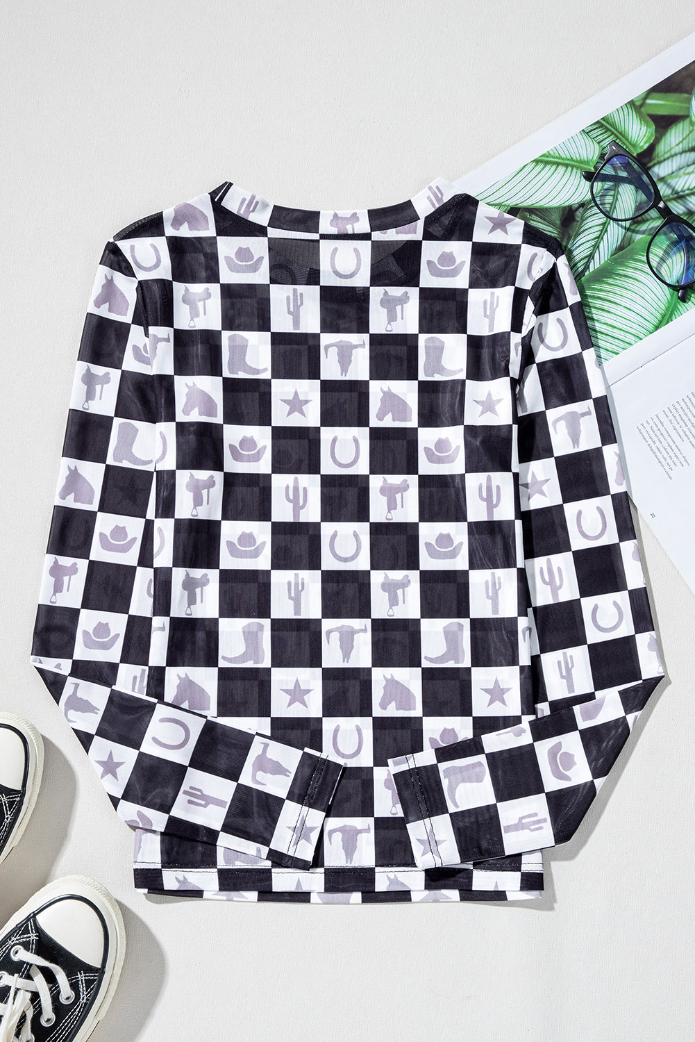Black Checkerboard Western Elements Printed Mesh Long Sleeve Top eAura
