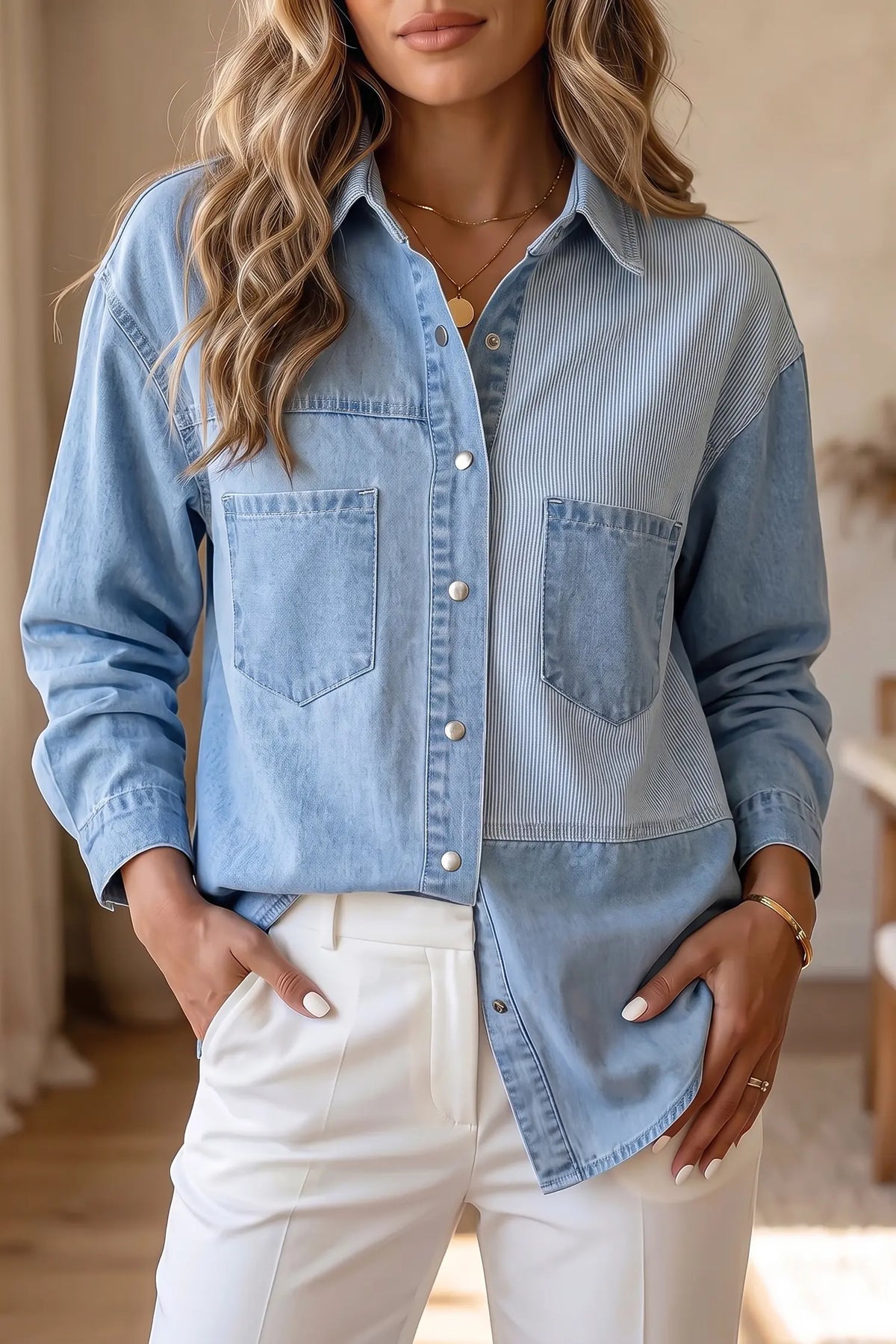 Lightweight Denim Striped Patchwork Button Down Shacket – Beau Blue