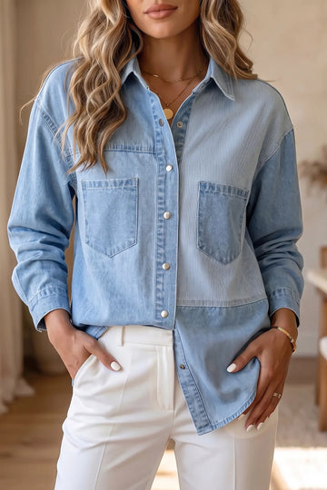 Lightweight Denim Striped Patchwork Button Down Shacket – Beau Blue