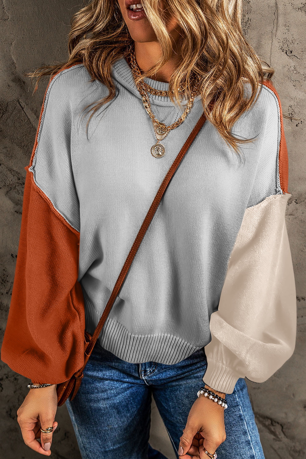 Pink Colourblock Bishop Sleeve Ribbed Trim Sweater eAura
