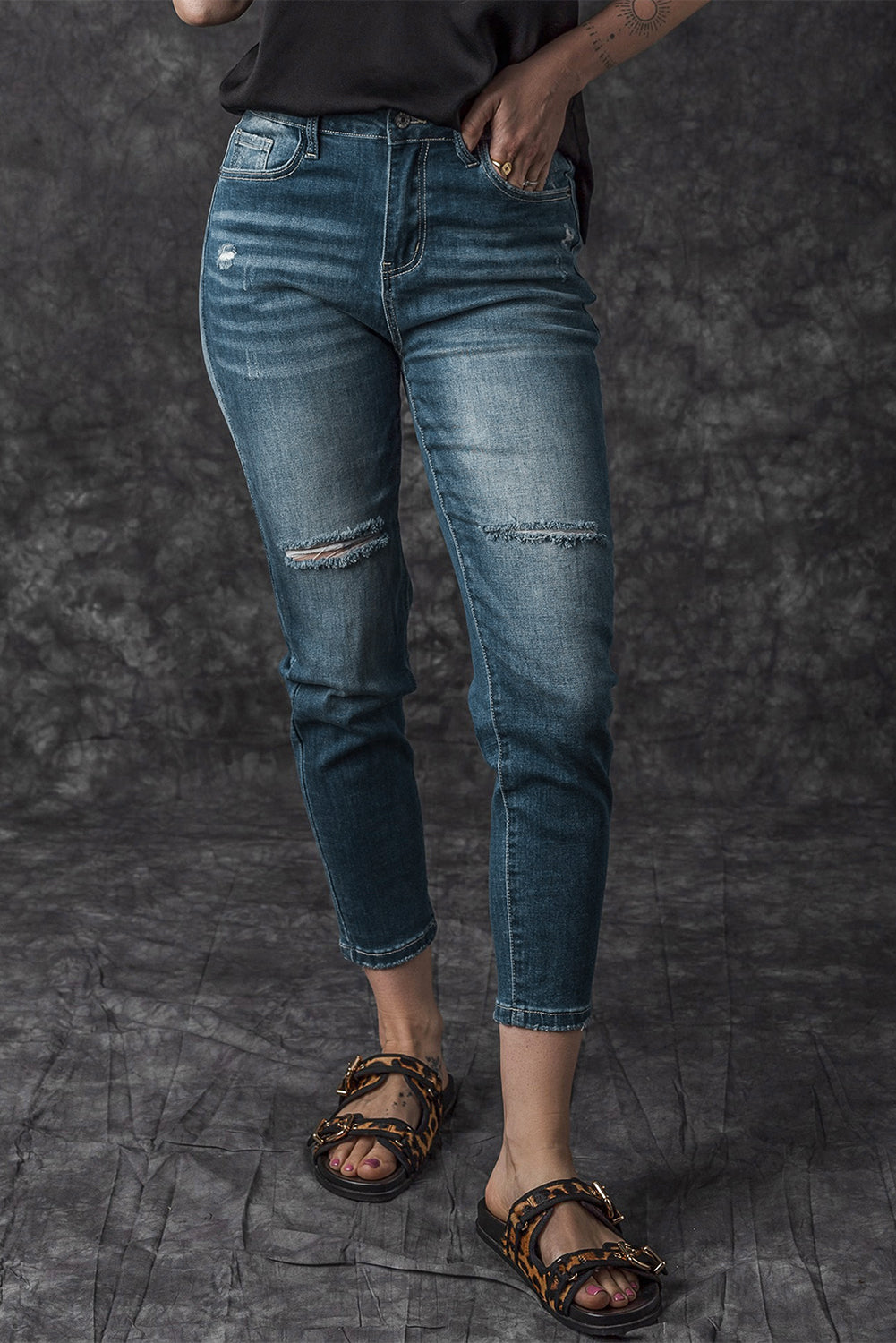 Blue Distressed Ripped Skinny Jeans Beagle Boutique Fashion Outlet
