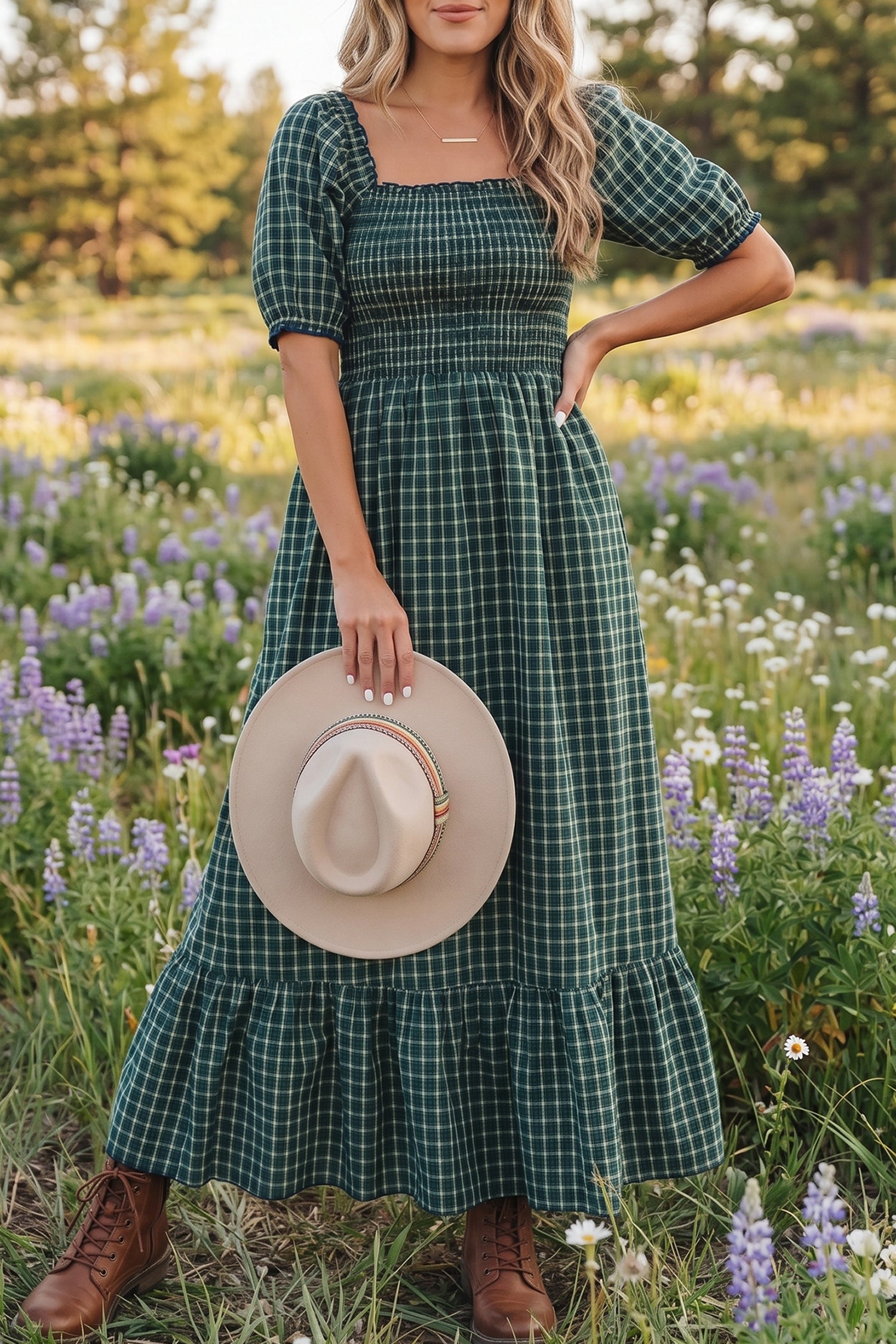 Plaid Square Neck Shirred High Waist Ruffle Hem Dress – Green