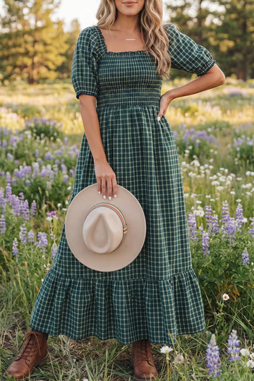 Plaid Square Neck Shirred High Waist Ruffle Hem Dress – Green