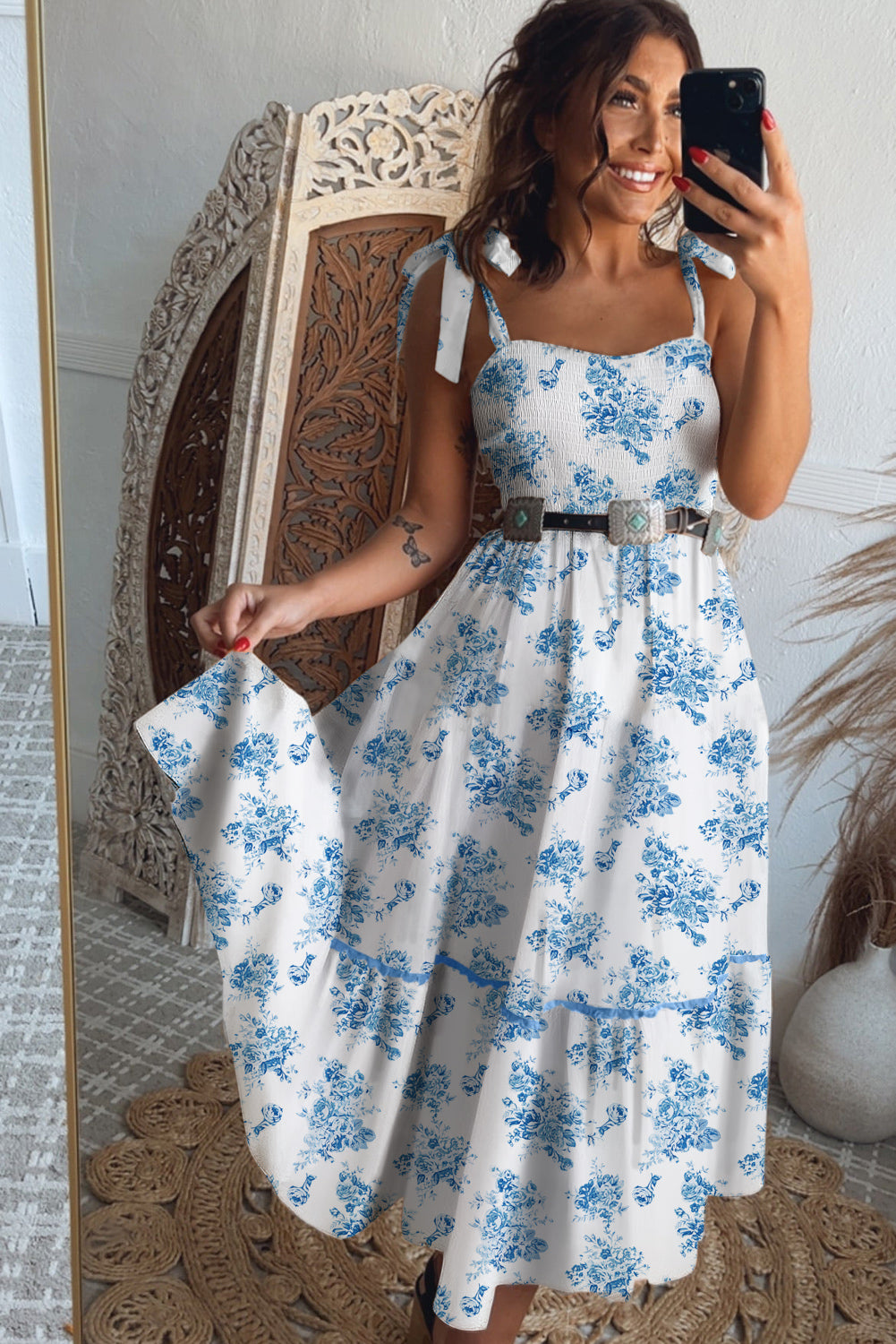 Sky Blue Floral Print Shirred Knot Shoulder Sleeveless Long Dress eAura