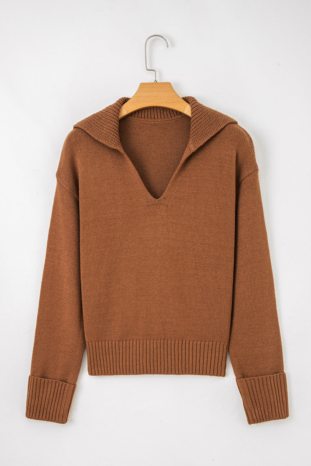 Collared V-Neck Ribbed Edge Sweater - eAura