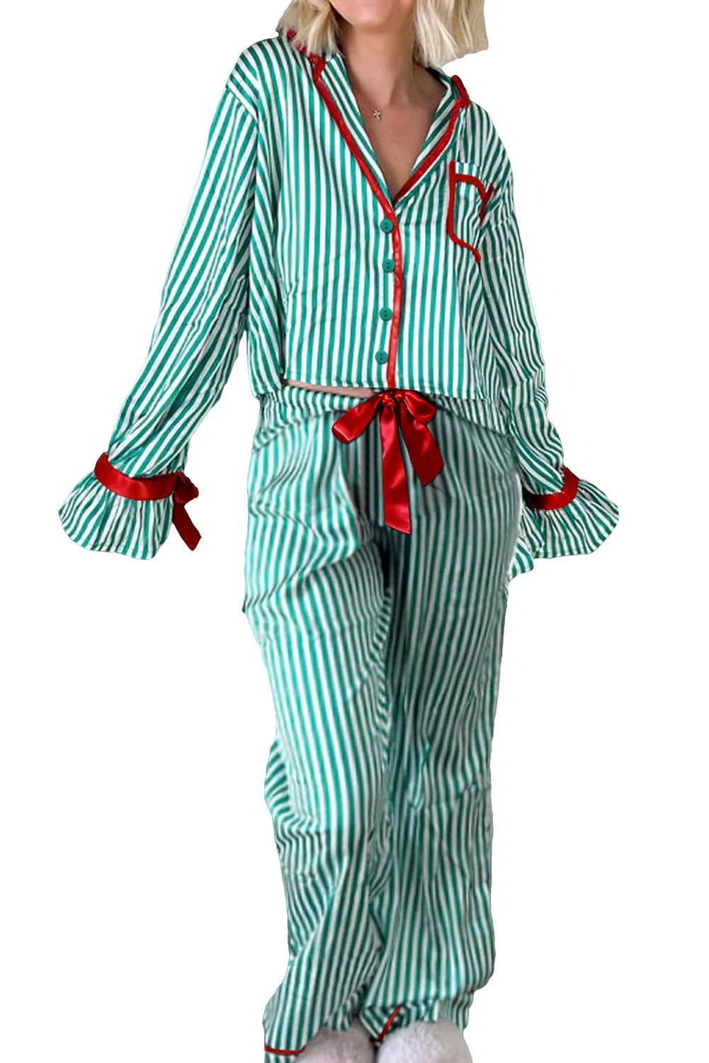 Striped Contrast Velvet Trim Bow Knot Waist Pyjama Set - eAura