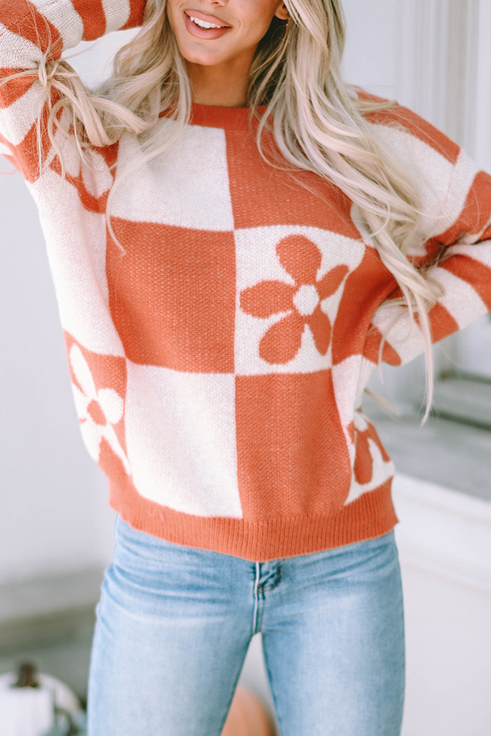 Brown Checkered Floral Print Striped Sleeve Sweater eAura