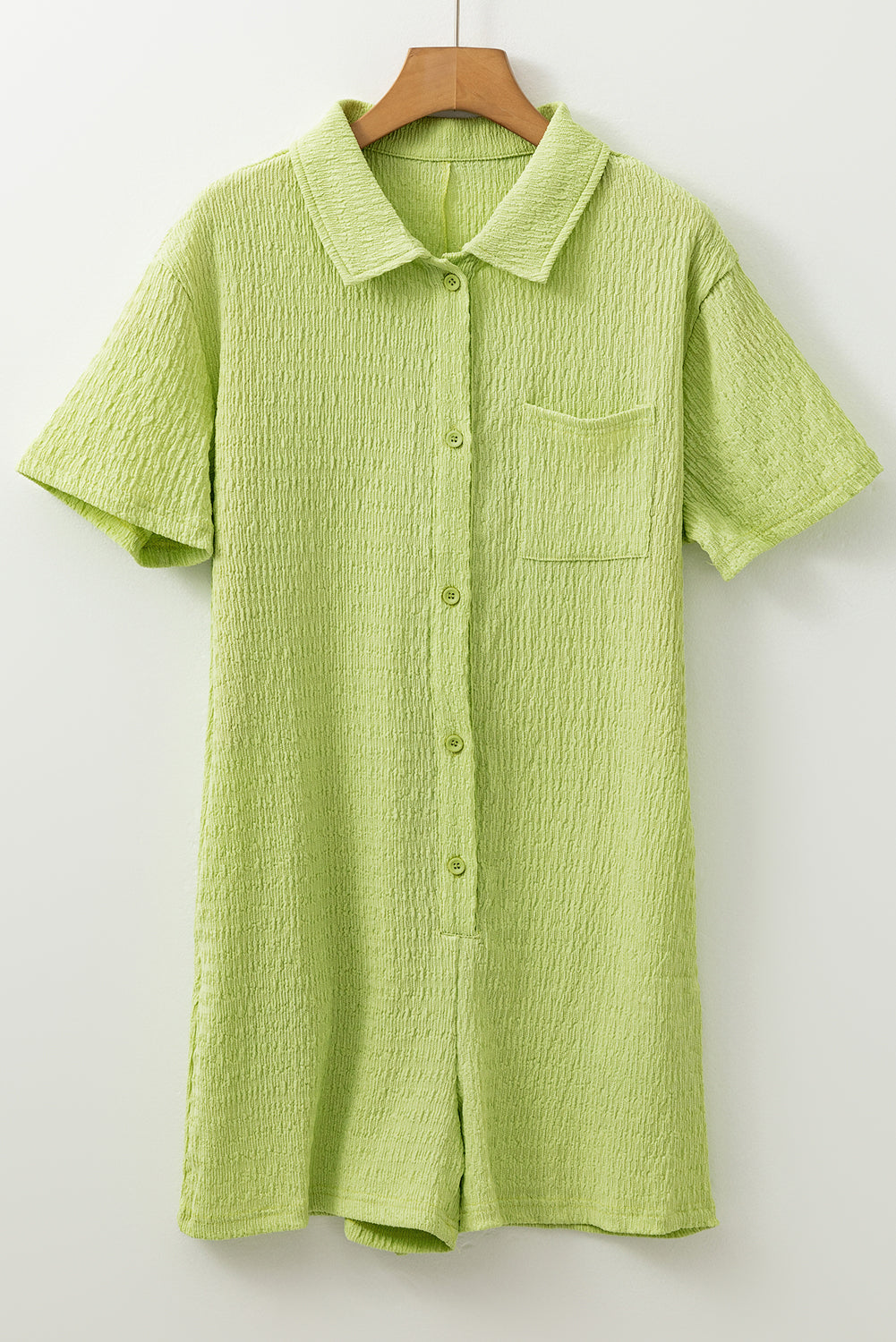 Meadow Mist Green Textured Short Sleeve Patched Pocket Buttoned Shirt Romper eAura