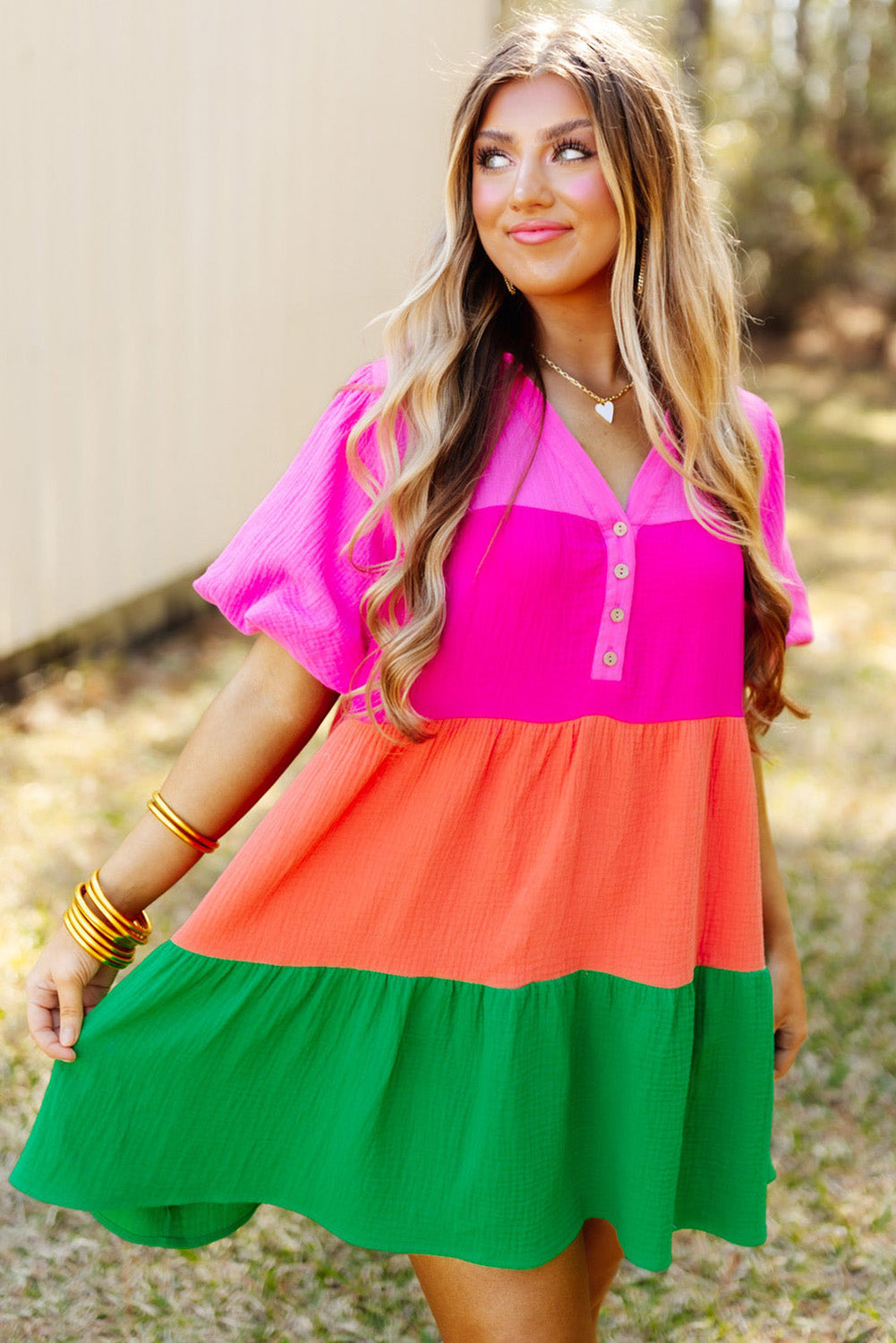 MultiColour Colour Block Tiered Puff Sleeve Dress eAura