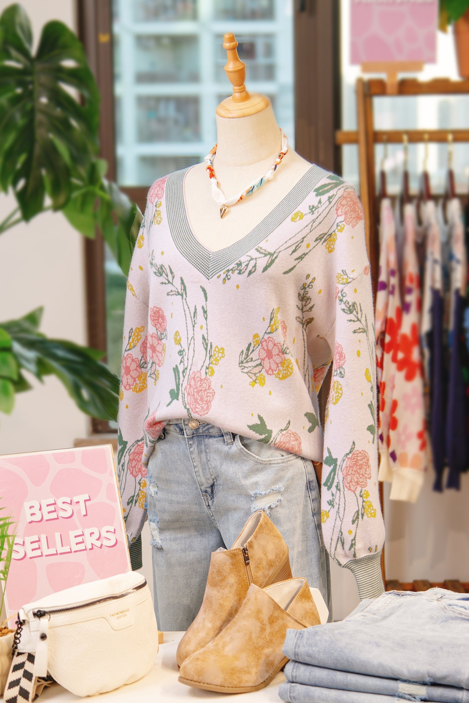 Floral Pattern Striped V-Neck Loose Sweater - eAura