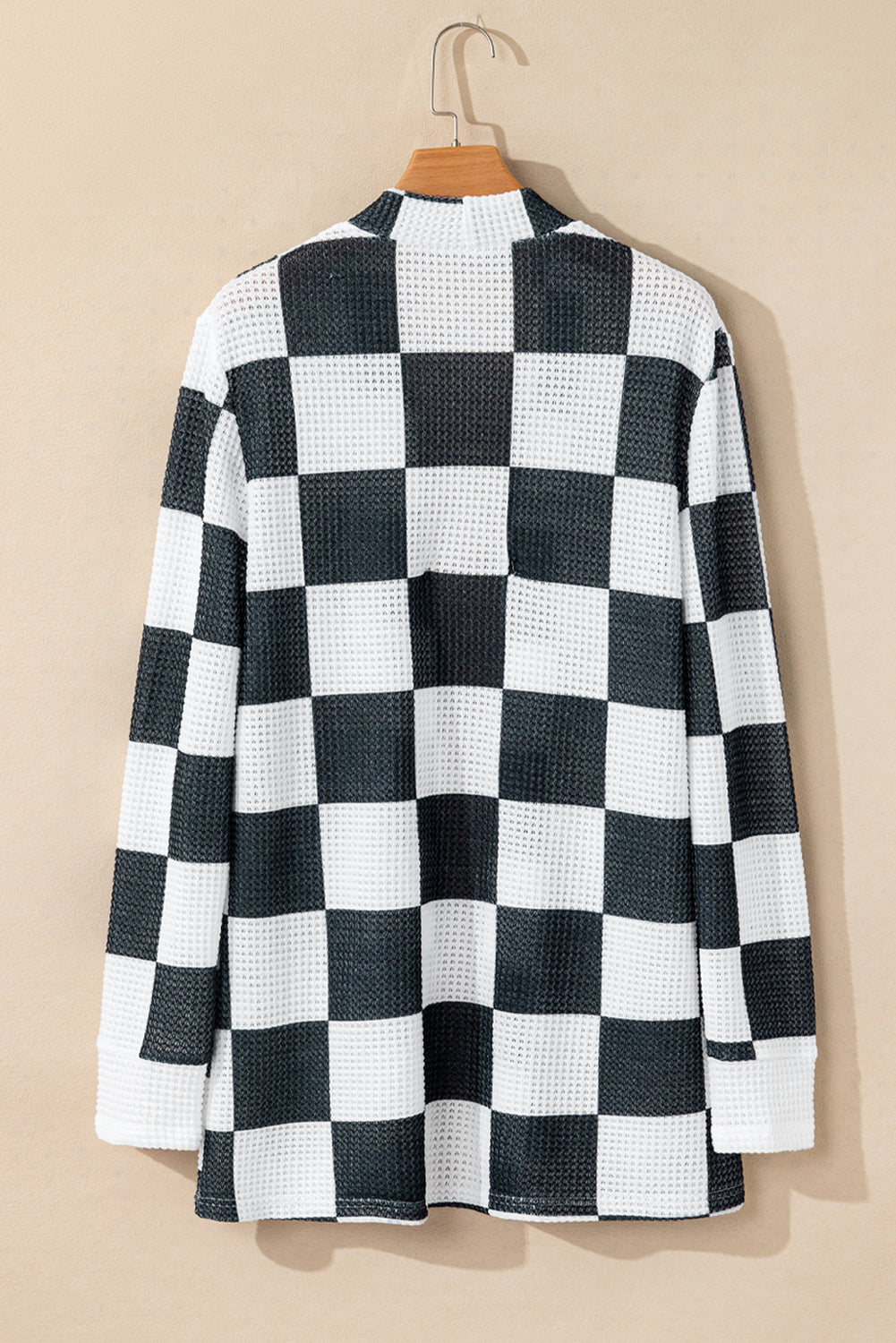 Black Checkered Waffle Knit Thumbhole Open Front Cardigan eAura