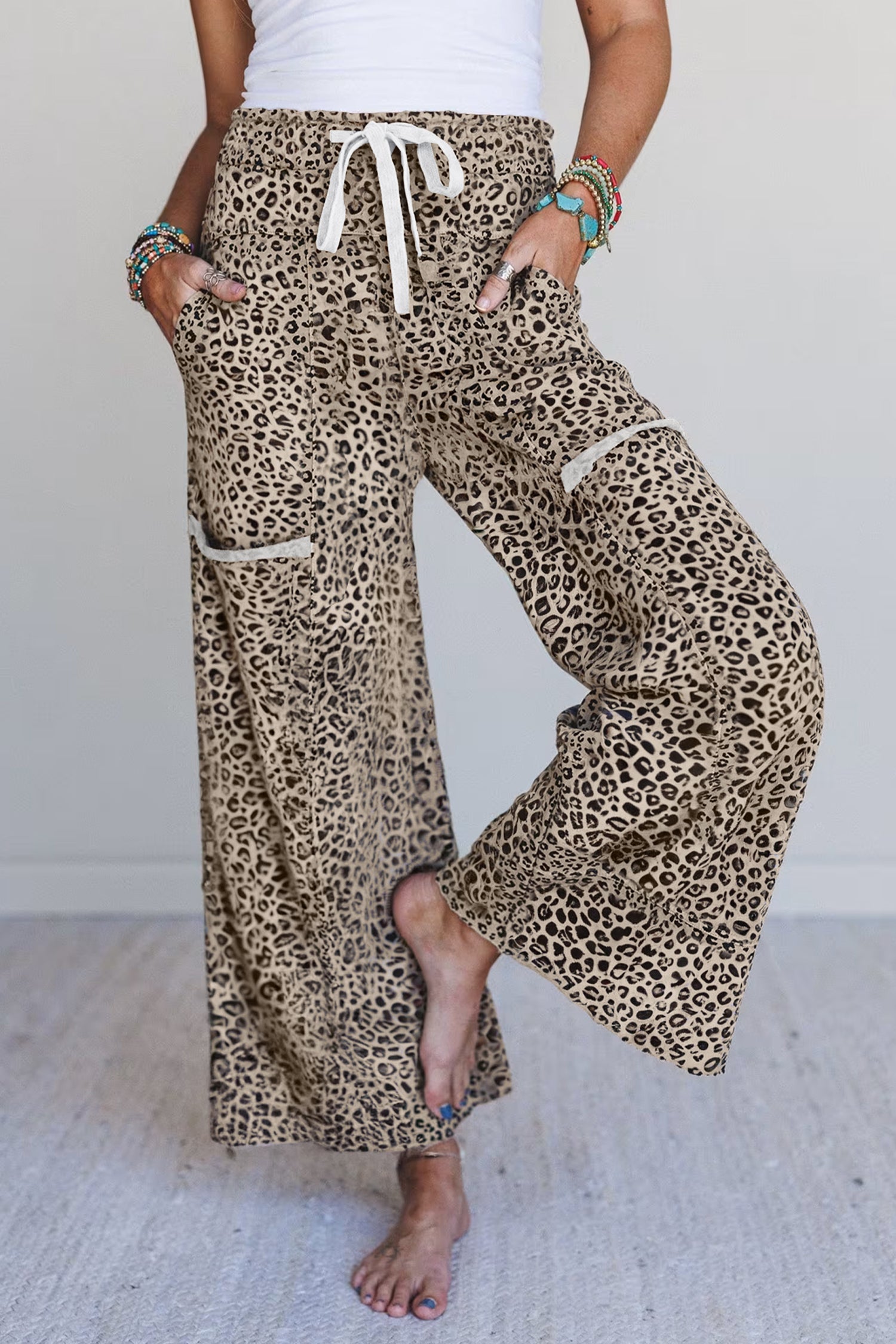 Animal Print Wide Leg Terry Knit Pants – Gray & Khaki