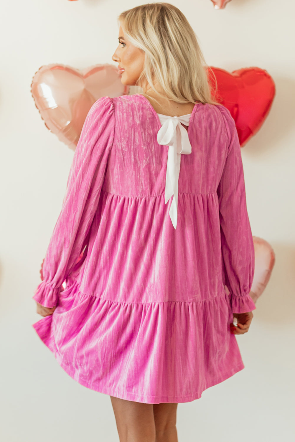 Strawberry Pink Flounce Sleeve Tiered Ruffled Velvet Mini Dress eAura