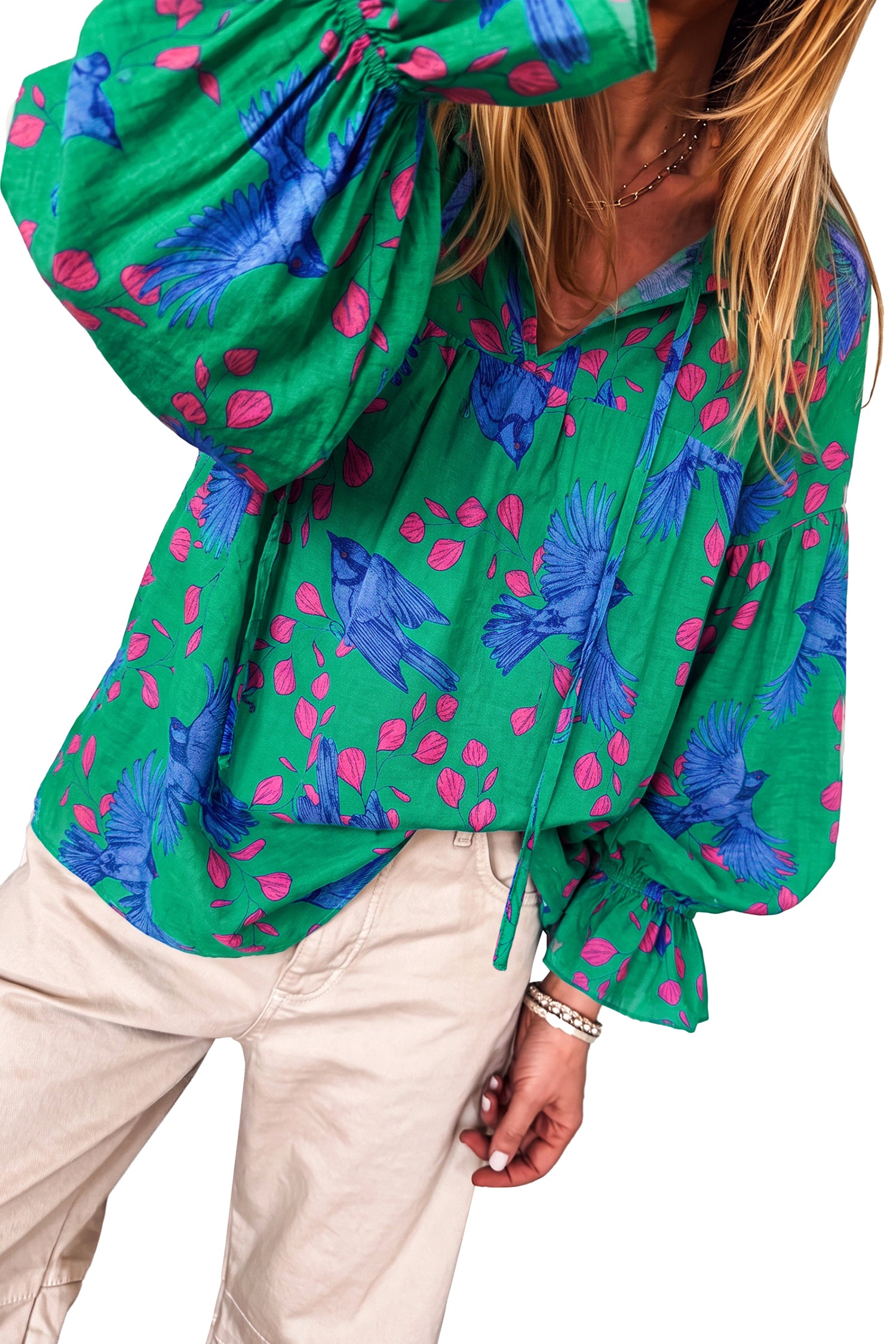 Abstract Print V Neck Flounced Puff Sleeve Blouse – Green
