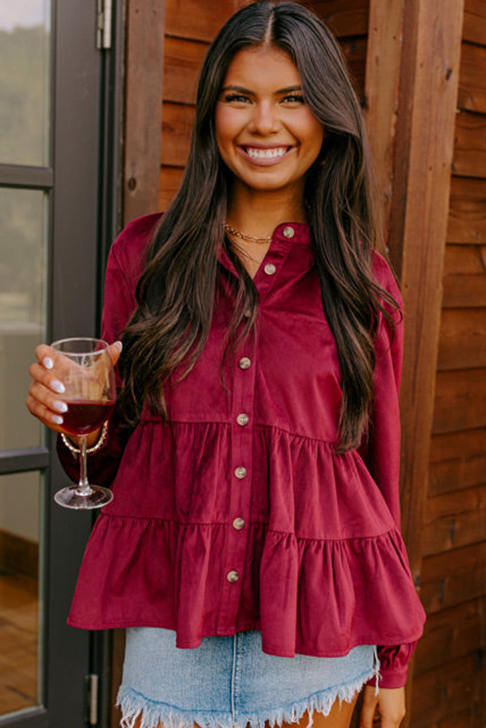 Burgundy Corduroy Ruffle Tiered Buttoned O Neck Shirt eAura