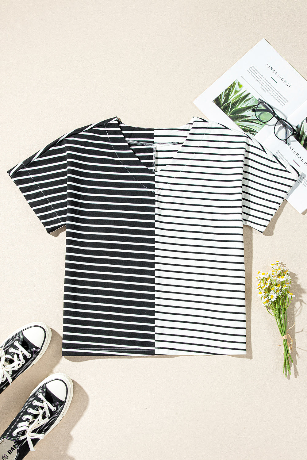 Black Stripe Two Tone Colorblock V Neck T Shirt BB Fashion Outlet
