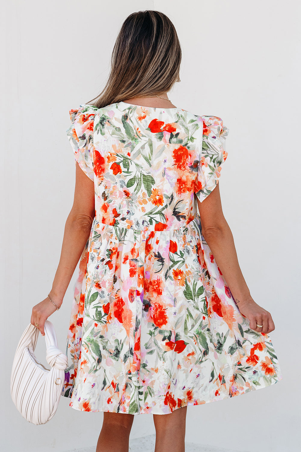 Pink Floral Double Ruffle Sleeve V Neck High Waist Mini Dress eAura