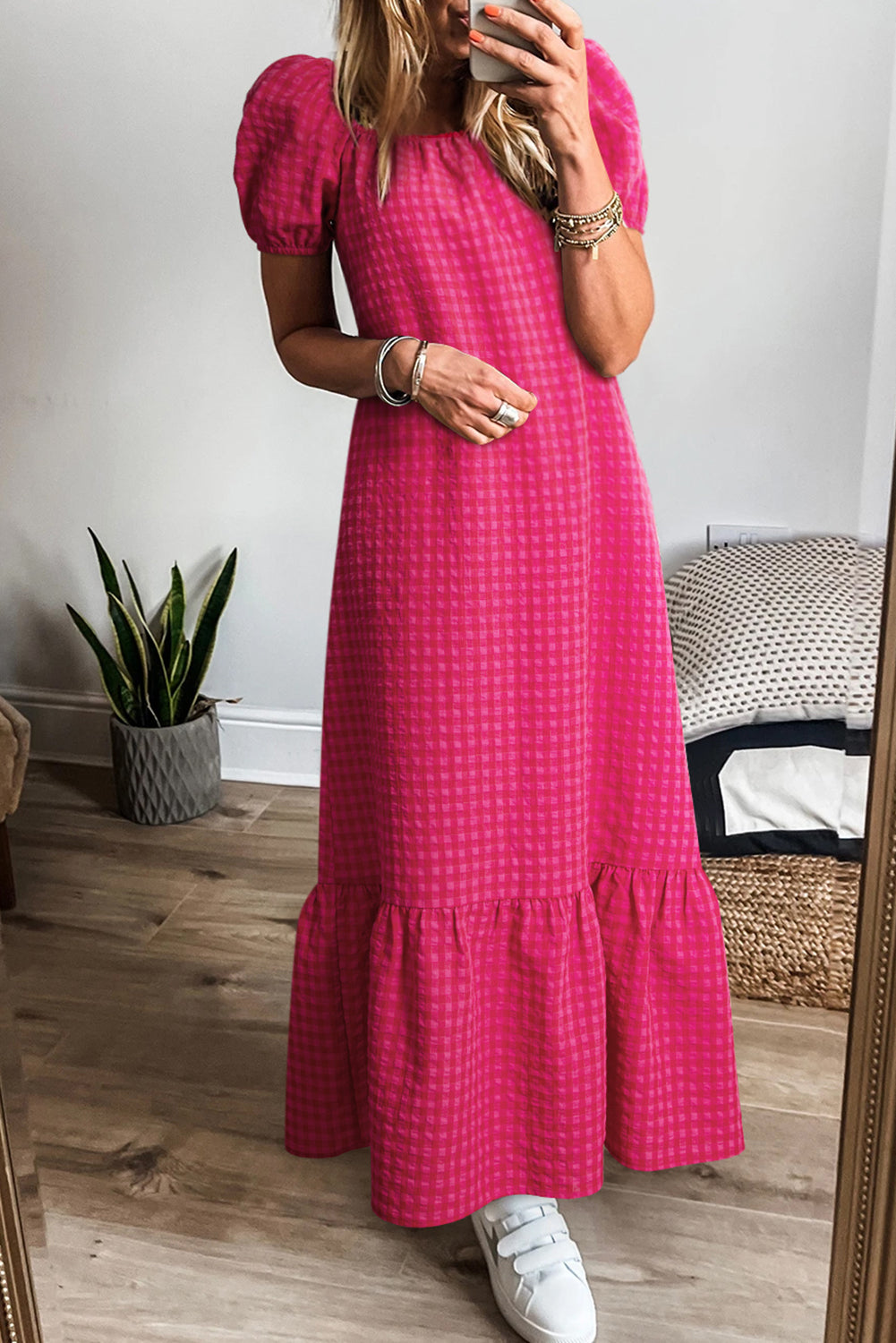 Rose Ginham Check Bubble Sleeve Ruffled Maxi Dress - eAura