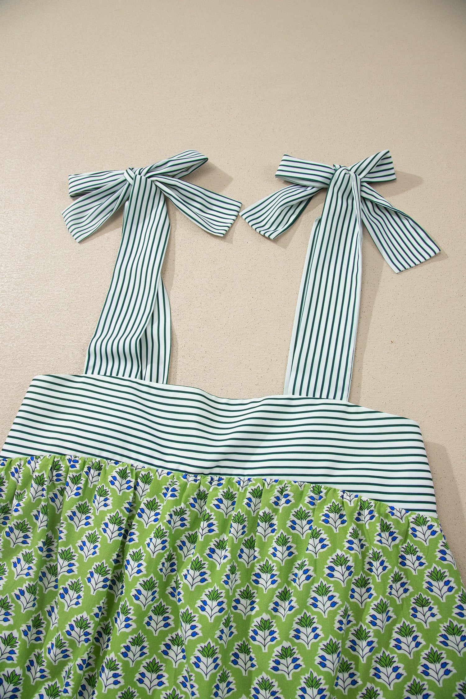 Floral Printed Knot Straps Babydoll Tank Top – Green