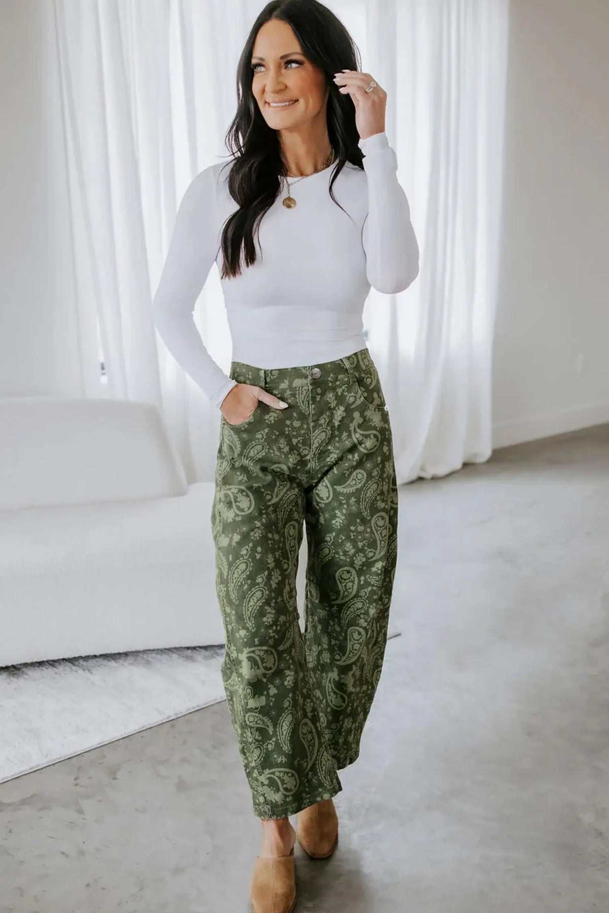 Paisley Print Harem Denim Pants – Green