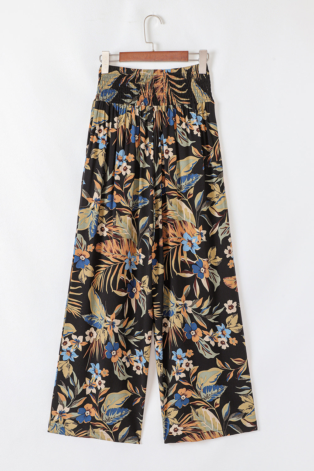 Multicolour Floral Shirred High Waist Wide Leg Trousers with Tie eAura
