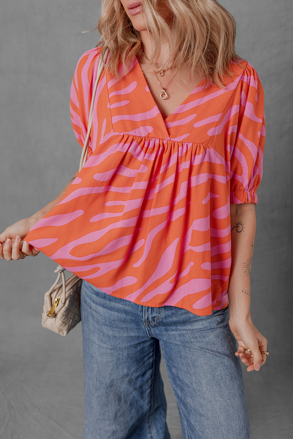 Orange Zebra Stripe Print Ruched Cuff Half Sleeve V Neck Blouse eAura