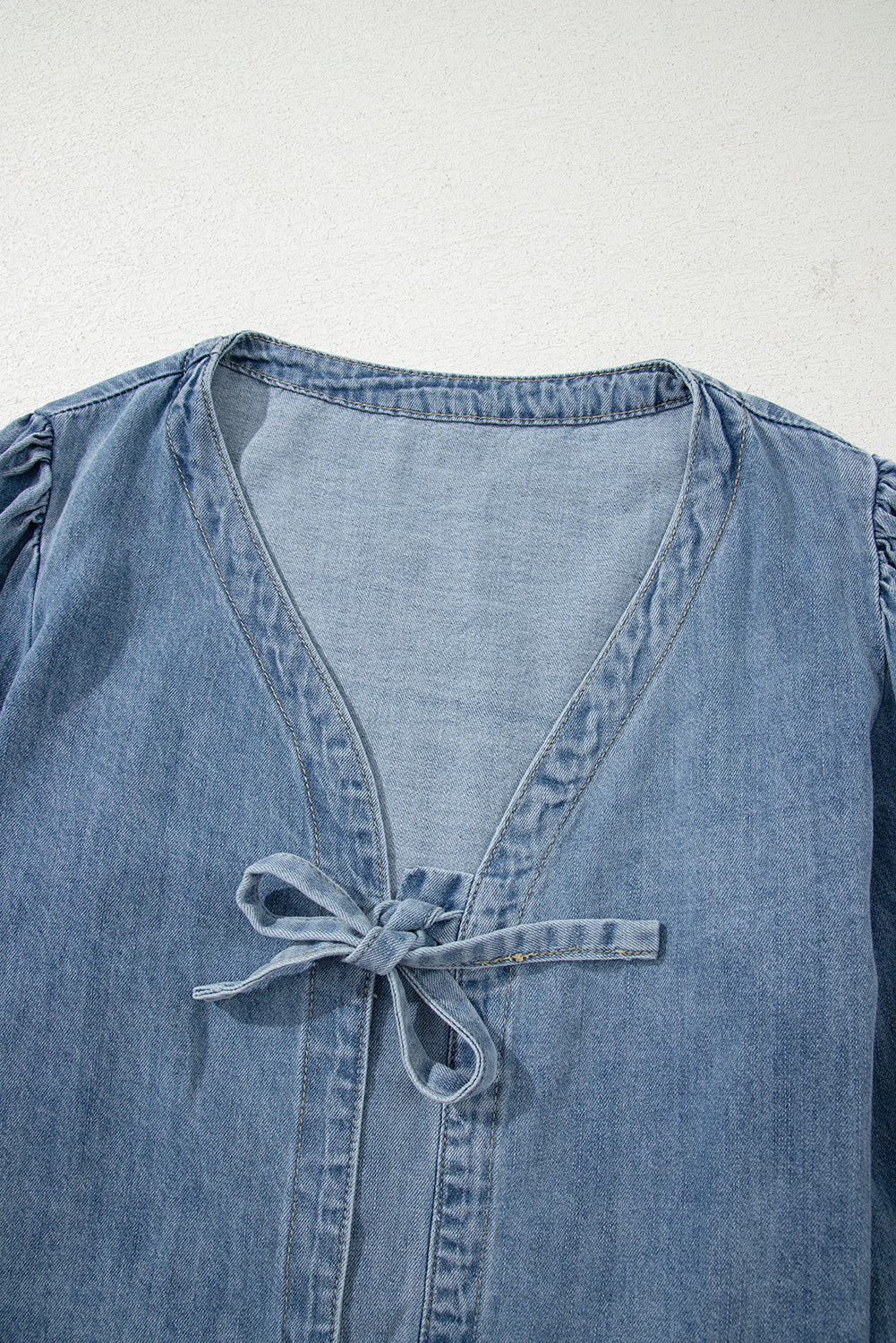 Tied Front Long Puff Sleeve Denim Top - eAura