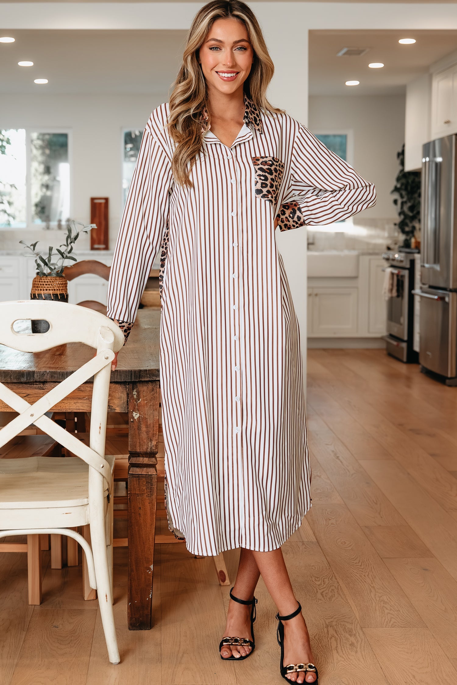 Stripe Contrast Leopard Patchwork Long Shirt Dress with Slits - Dresses/Maxi Dresses