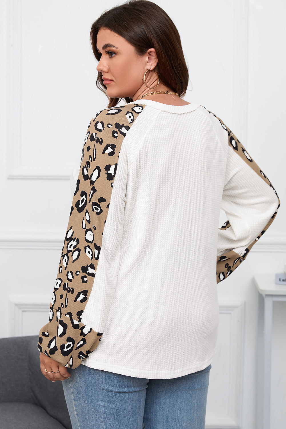 Beige Printed Plus Size Waffle Knit Contrast Leopard Long Sleeve Top BB Fashion Outlet