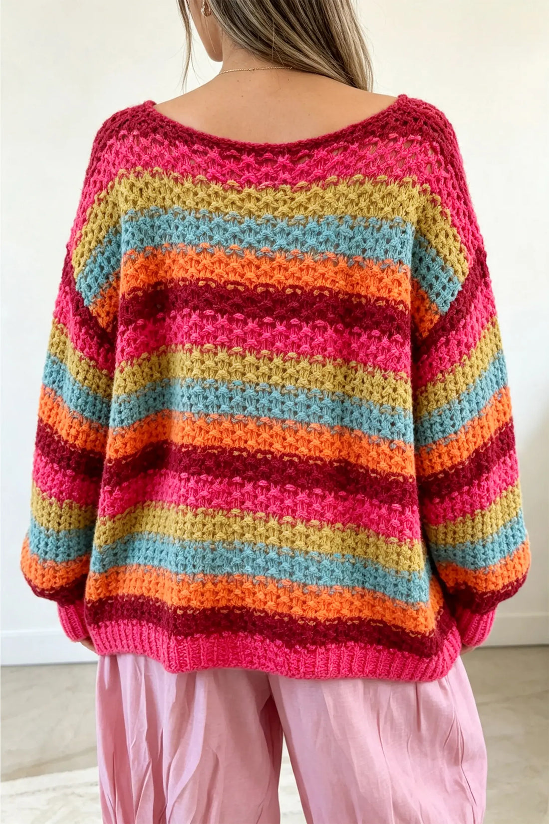 Crochet Striped Knit Oversize Sweater