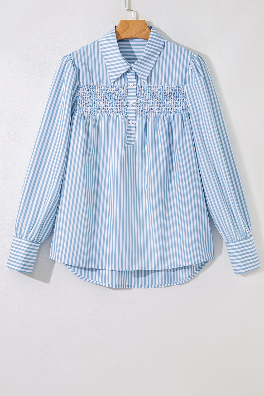 Stripe Shirred Half Collared Long Sleeve Blouse - eAura