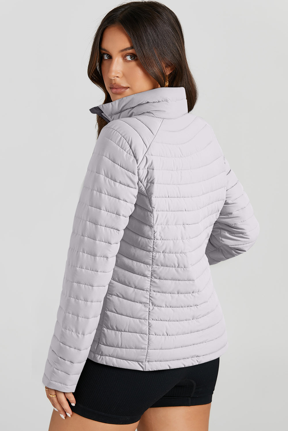 Silvery Solid Colour Quilted Zip-up Puffer Jacket Beagle Boutique Fashion Outlet